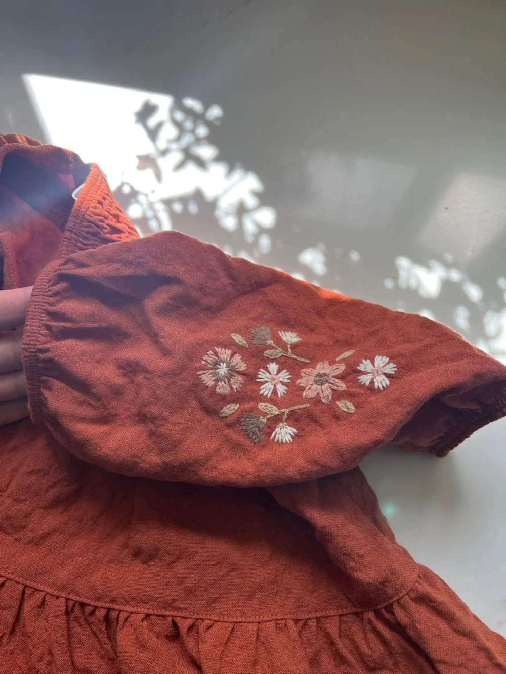 Rust Orange Floral Embroidered Ruffle Kids Dress - Picture 4 of 4